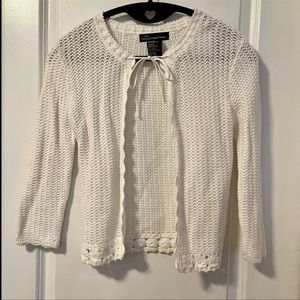 NWOT White Open-front Sweater Crochet details ties at neck Small